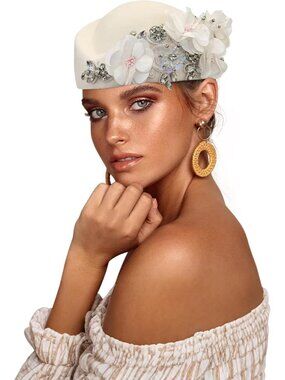Women's British Felt hat Church Derby Headdress Floral Beret hat White